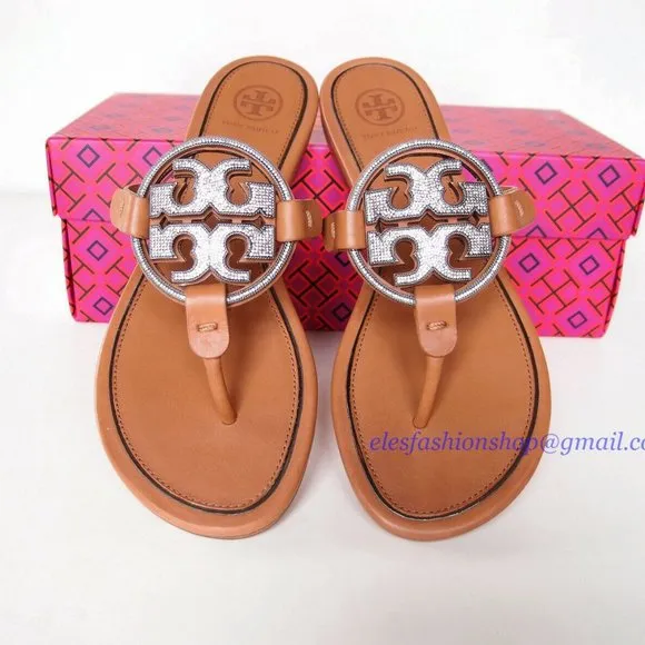 NIB Tory Burch Crystal Miller Leather Sandal TAN US 7 7.5 8 8.5 AUTHENTIC