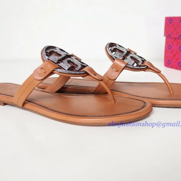 NIB Tory Burch Crystal Miller Leather Sandal TAN US 7 7.5 8 8.5 AUTHENTIC