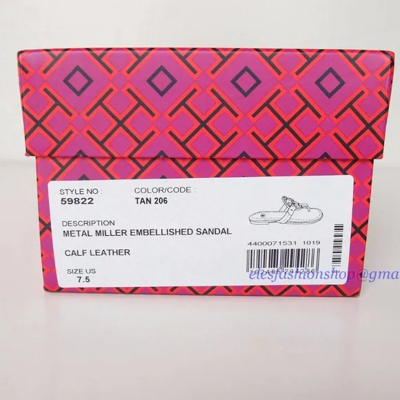 NIB Tory Burch Crystal Miller Leather Sandal TAN US 7 7.5 8 8.5 AUTHENTIC