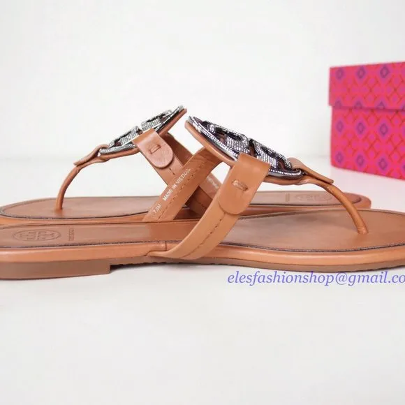 NIB Tory Burch Crystal Miller Leather Sandal TAN US 7 7.5 8 8.5 AUTHENTIC