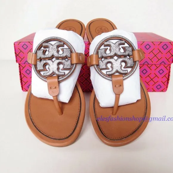 NIB Tory Burch Crystal Miller Leather Sandal TAN US 7 7.5 8 8.5 AUTHENTIC