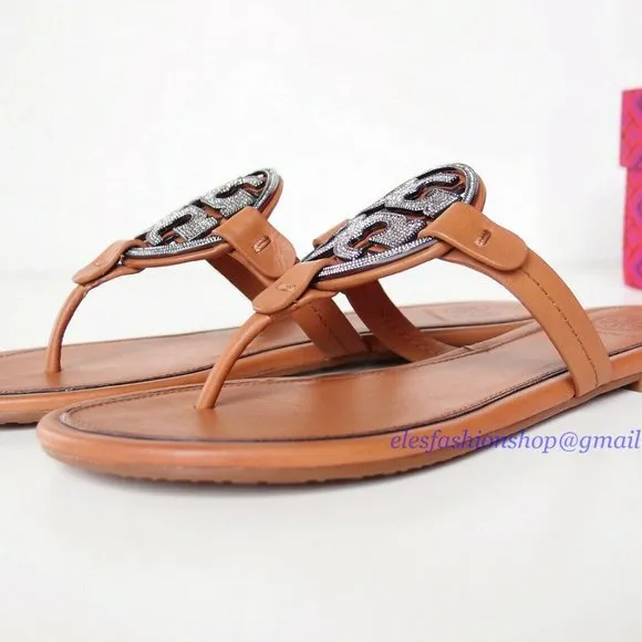 NIB Tory Burch Crystal Miller Leather Sandal TAN US 7 7.5 8 8.5 AUTHENTIC
