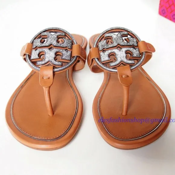 NIB Tory Burch Crystal Miller Leather Sandal TAN US 7 7.5 8 8.5 AUTHENTIC