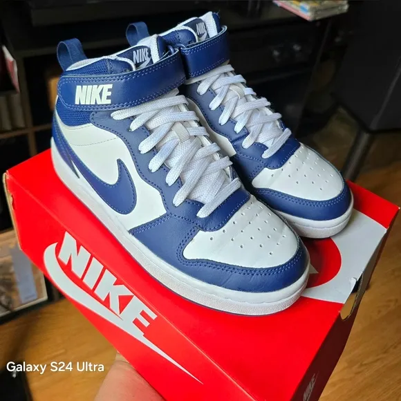 Nike Court Borough Mid 2 Blue/White Leather Big Boys Athletic Shoes, Sz 3.5Y BOX