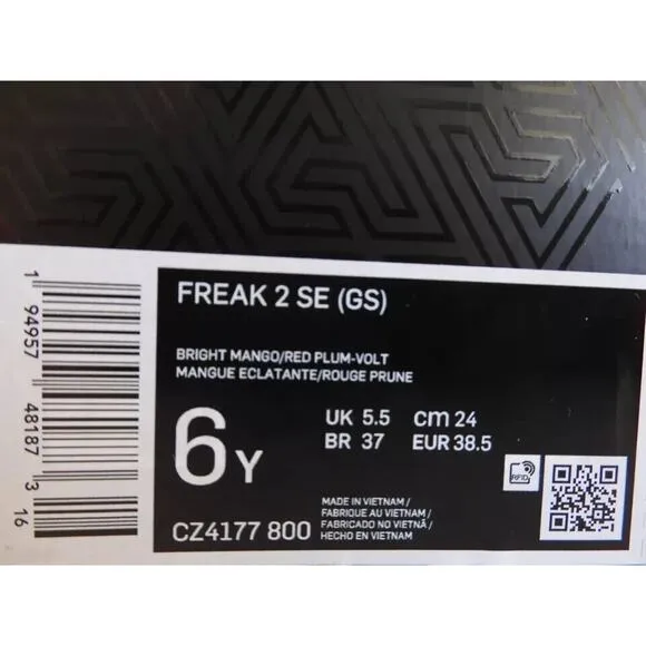 NIKE FREAK 2 SE (GS) BIG KIDS CZ4177 MANGO PLUM VOLT SIZE 6 YOUTH - WOMENS 7.5