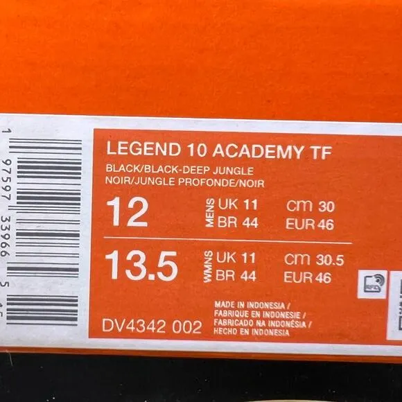 Nike Men Tiempo Legend 10 Aca TF  Soccer Black Futsal Boot  DV4342-002 12 New
