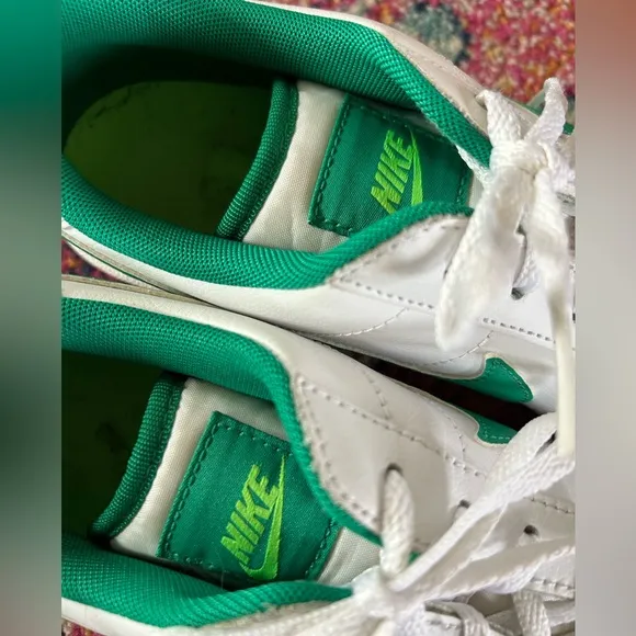 Nike | Men’s white Court Royale lace up sneakers, green swoosh, neon ankle tab 6