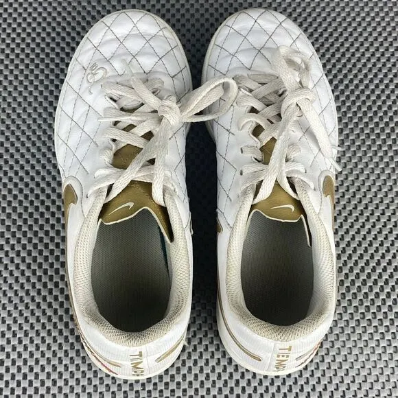 Nike Tiempo Soccer Sneakers Shoes Youth 6 Y White Metallic Gold Lace Up