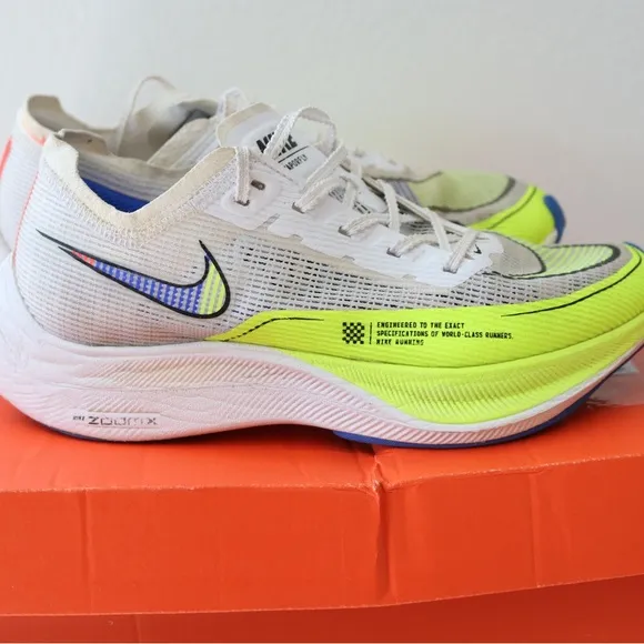 Nike ZoomX Vaporfly Next% 2 White Volt Racer Blue size 7