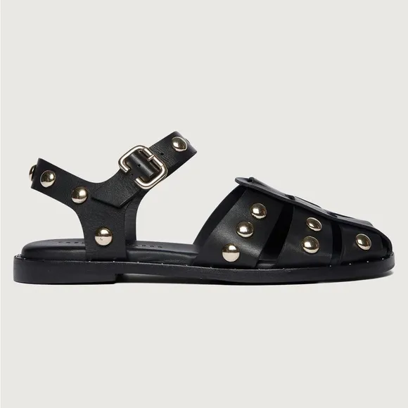 NWOT Freda Salvador Sera Fisherman Sandal in Black Calf Leather w/ Gold Accents