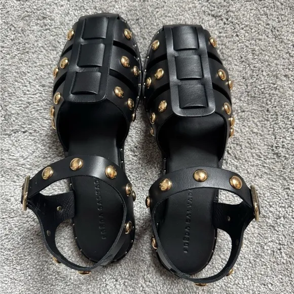 NWOT Freda Salvador Sera Fisherman Sandal in Black Calf Leather w/ Gold Accents