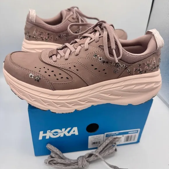 NWT Hoka Bondi L Leather Embroidered Sneakers Unisex BP Vibrant Bloom Quartz NEW