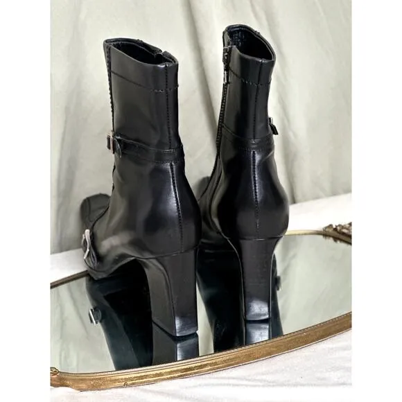 Prada 37.5 Leather Square Toe Lugged Sole Ankle Heeled Boots Black Elongated Toe
