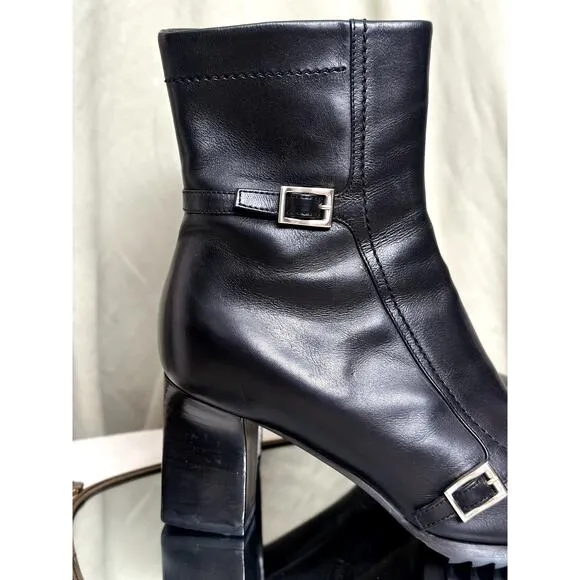 Prada 37.5 Leather Square Toe Lugged Sole Ankle Heeled Boots Black Elongated Toe