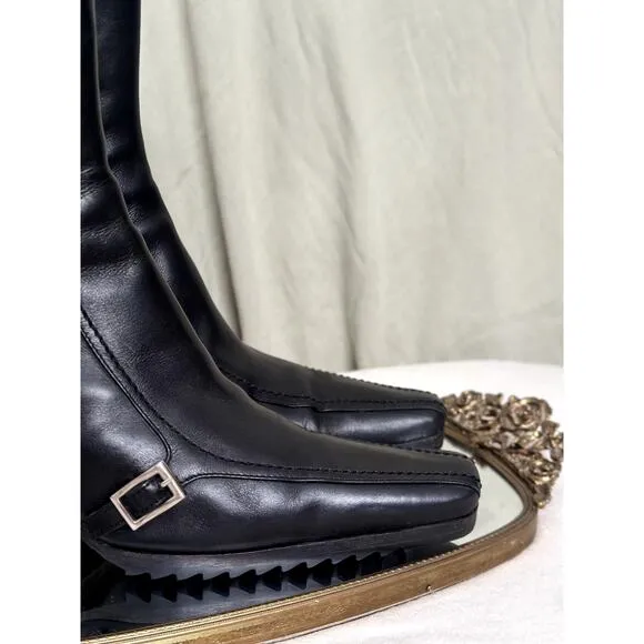 Prada 37.5 Leather Square Toe Lugged Sole Ankle Heeled Boots Black Elongated Toe