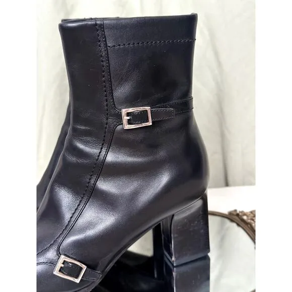 Prada 37.5 Leather Square Toe Lugged Sole Ankle Heeled Boots Black Elongated Toe