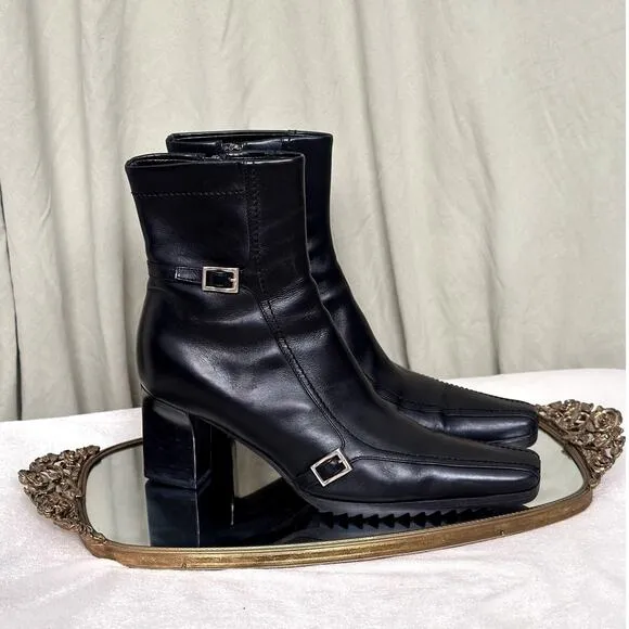 Prada 37.5 Leather Square Toe Lugged Sole Ankle Heeled Boots Black Elongated Toe