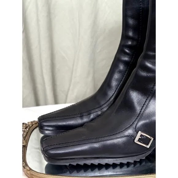 Prada 37.5 Leather Square Toe Lugged Sole Ankle Heeled Boots Black Elongated Toe