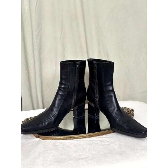 Prada 37.5 Leather Square Toe Lugged Sole Ankle Heeled Boots Black Elongated Toe