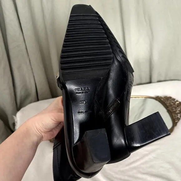 Prada 37.5 Leather Square Toe Lugged Sole Ankle Heeled Boots Black Elongated Toe