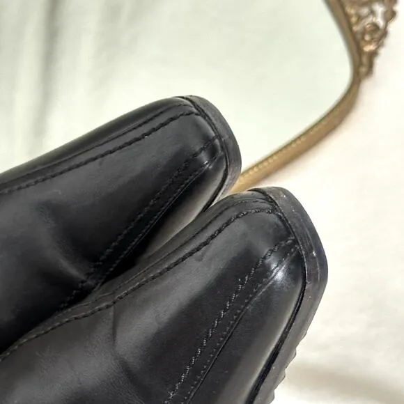 Prada 37.5 Leather Square Toe Lugged Sole Ankle Heeled Boots Black Elongated Toe