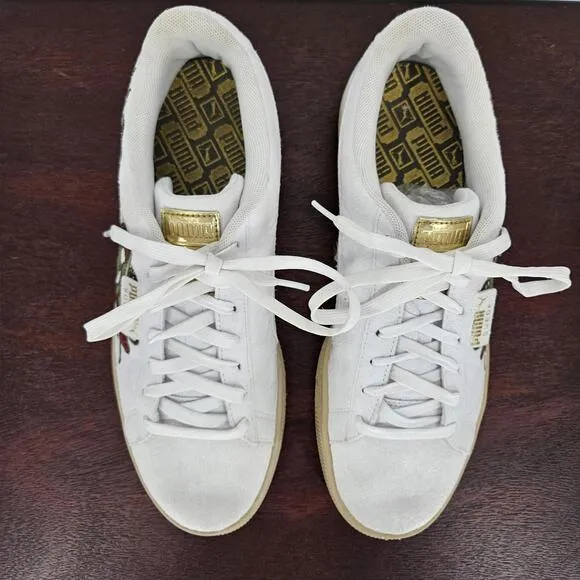 Puma Court Classic Dragon Patch Mens Size 10 White Suede Athletic Shoes Sneakers