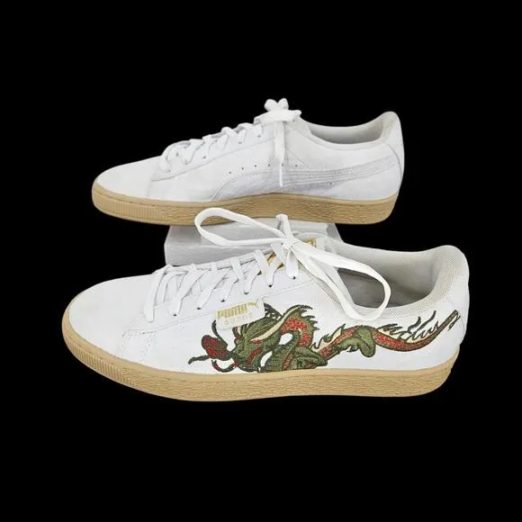 Puma Court Classic Dragon Patch Mens Size 10 White Suede Athletic Shoes Sneakers