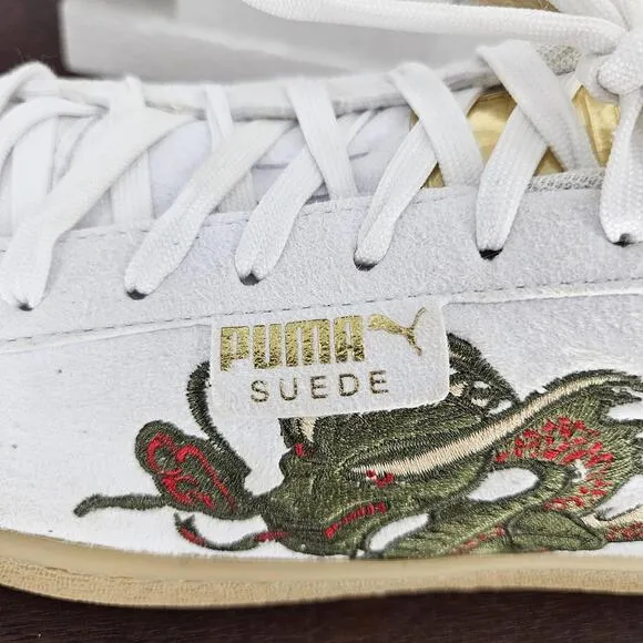 Puma Court Classic Dragon Patch Mens Size 10 White Suede Athletic Shoes Sneakers