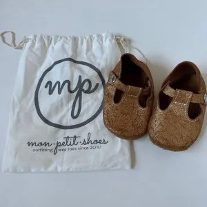 Size 5 HOLIDAY SHIMMER Gold T-Straps Leather Soft‎ Soled Baby Mon Petit Shoes