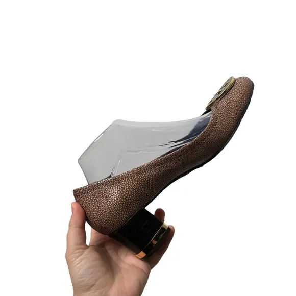 TORY BURCH Amy Brown Gold Speckled Leather Slip On Reva Block Heel Pumps Size 10