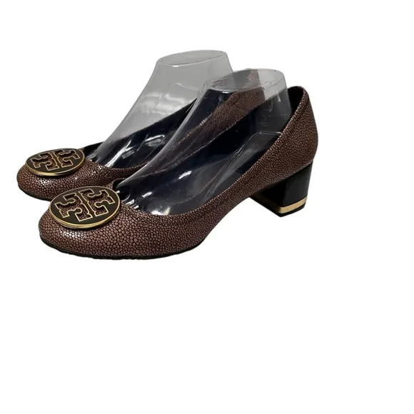 TORY BURCH Amy Brown Gold Speckled Leather Slip On Reva Block Heel Pumps Size 10