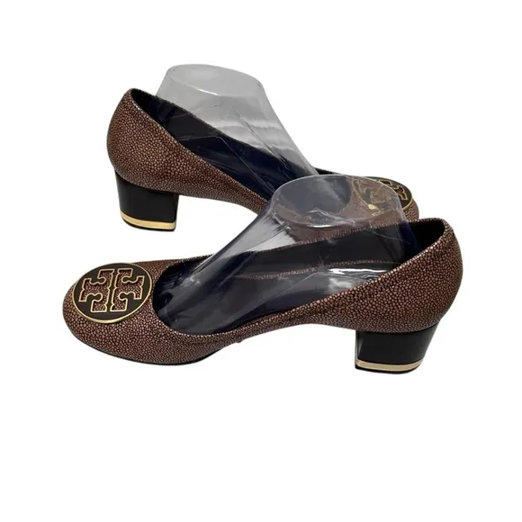 TORY BURCH Amy Brown Gold Speckled Leather Slip On Reva Block Heel Pumps Size 10