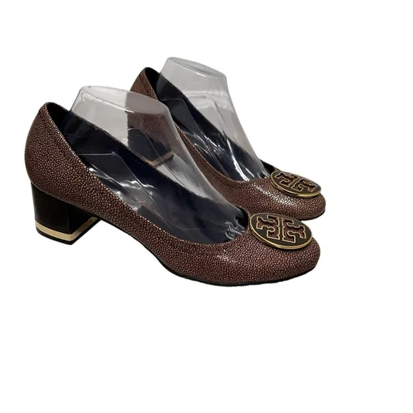 TORY BURCH Amy Brown Gold Speckled Leather Slip On Reva Block Heel Pumps Size 10