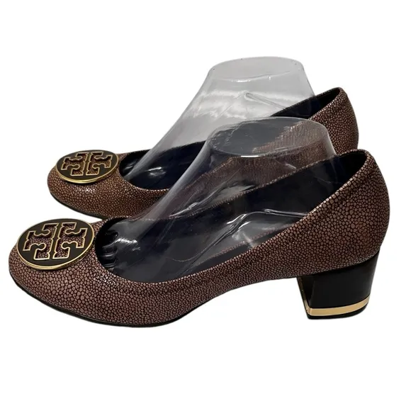 TORY BURCH Amy Brown Gold Speckled Leather Slip On Reva Block Heel Pumps Size 10