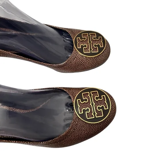 TORY BURCH Amy Brown Gold Speckled Leather Slip On Reva Block Heel Pumps Size 10