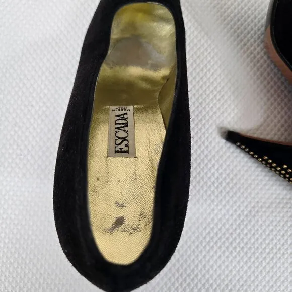 Vintage 90s Escada Black Suede Studded Heel Pumps Shoes Womens Size 7.5