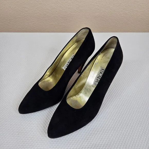 Vintage 90s Escada Black Suede Studded Heel Pumps Shoes Womens Size 7.5