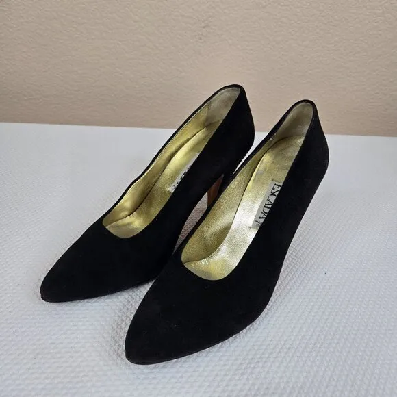Vintage 90s Escada Black Suede Studded Heel Pumps Shoes Womens Size 7.5