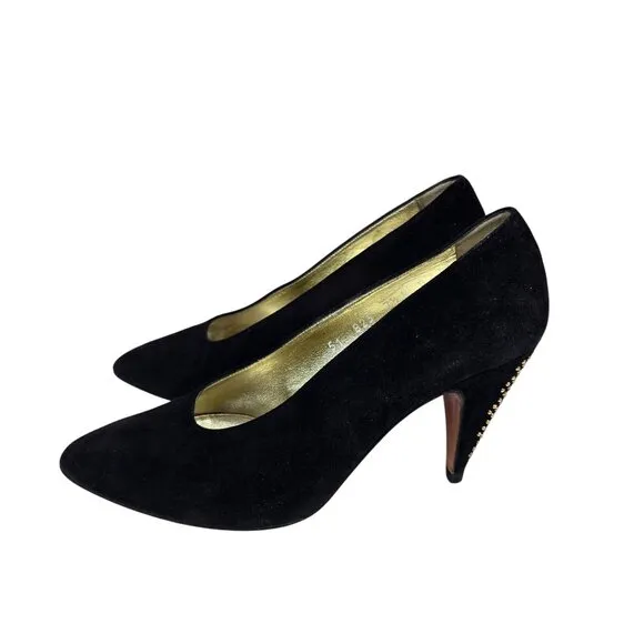 Vintage 90s Escada Black Suede Studded Heel Pumps Shoes Womens Size 7.5
