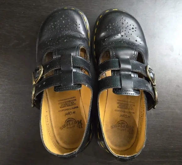 Vintage Dr Martens Girls Size 3 Mary Jane Black Leather Double Strap Doll Shoes