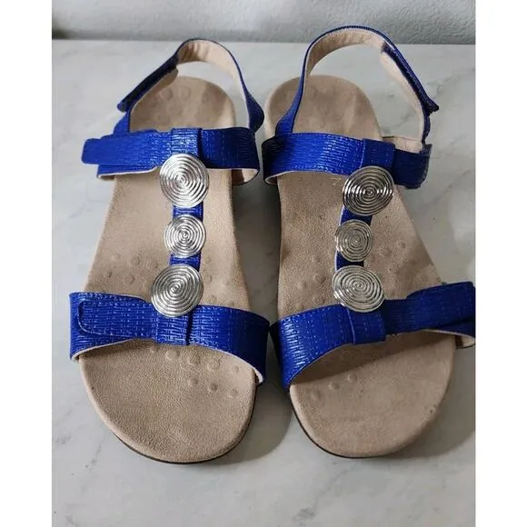 Vionic Size 10 Blue Farra II Silver Disc Trim T Strap Sandals Shoes Adjustable