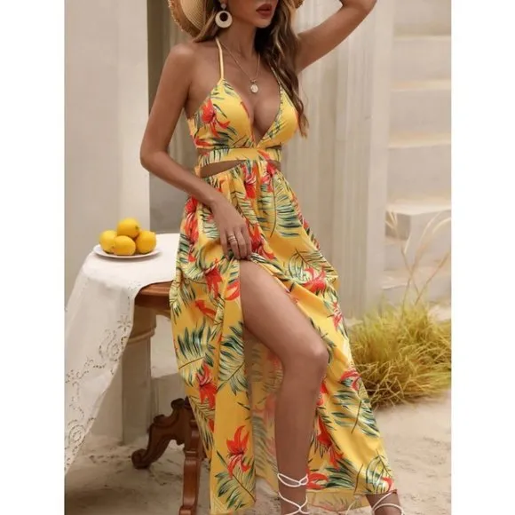 Yellow Tropical print Maxi dress with thigh slit