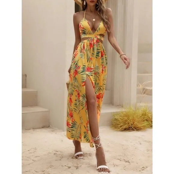 Yellow Tropical print Maxi dress with thigh slit