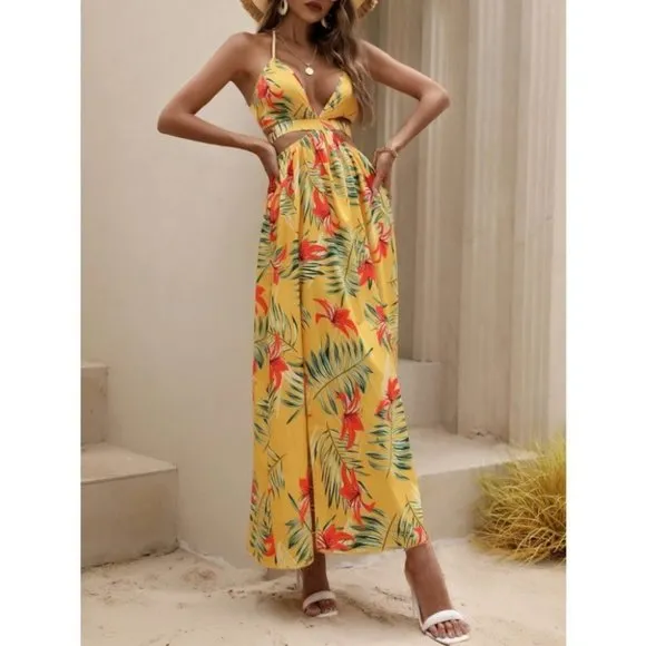 Yellow Tropical print Maxi dress with thigh slit