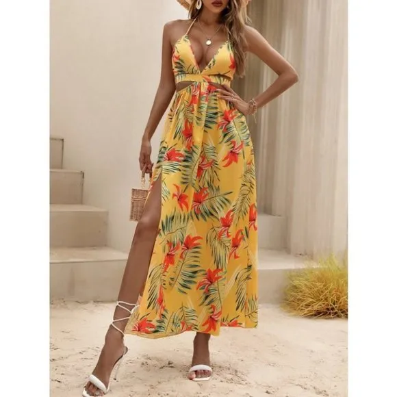 Yellow Tropical print Maxi dress with thigh slit