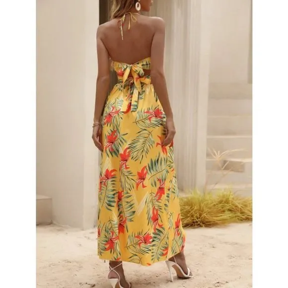 Yellow Tropical print Maxi dress with thigh slit