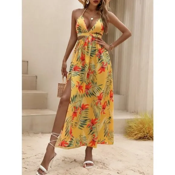 Yellow Tropical print Maxi dress with thigh slit