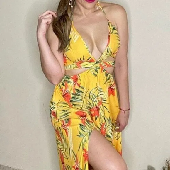 Yellow Tropical print Maxi dress with thigh slit
