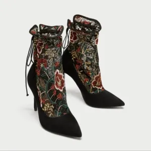 ZARA Embroidered Stocking-Style High Heel Court Shoes Size 38
